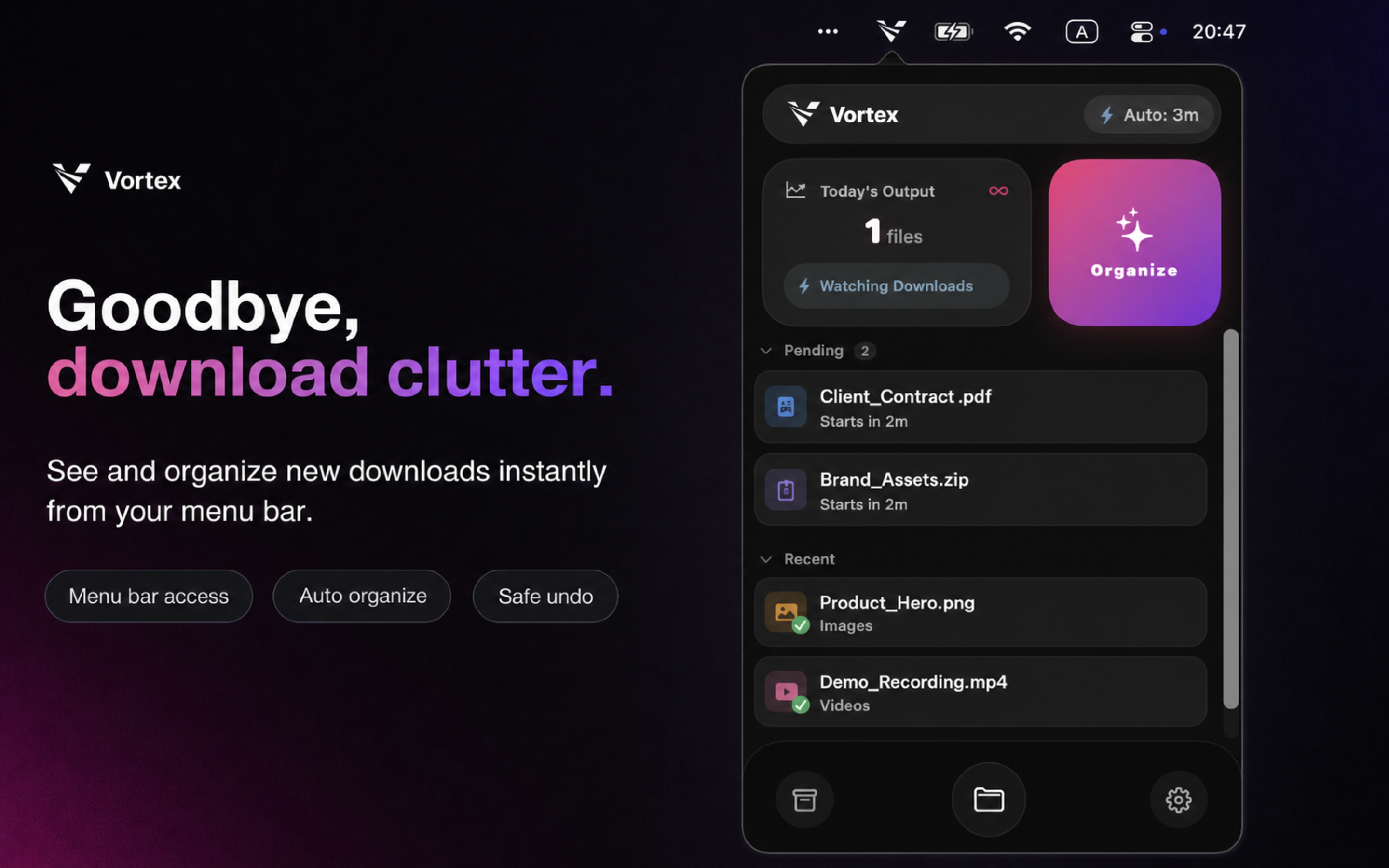 Vortex — see and organize downloads from the menu bar